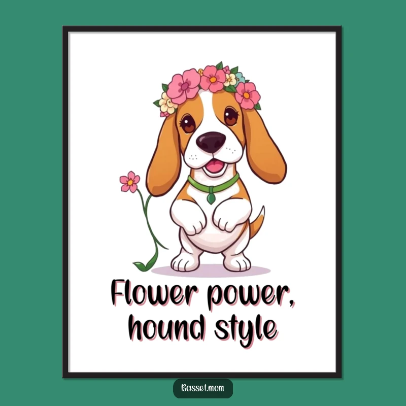 Free Printable Floral Basset Hound Wall Art: Prancing Pup, Funny Downloadable Dog Decor