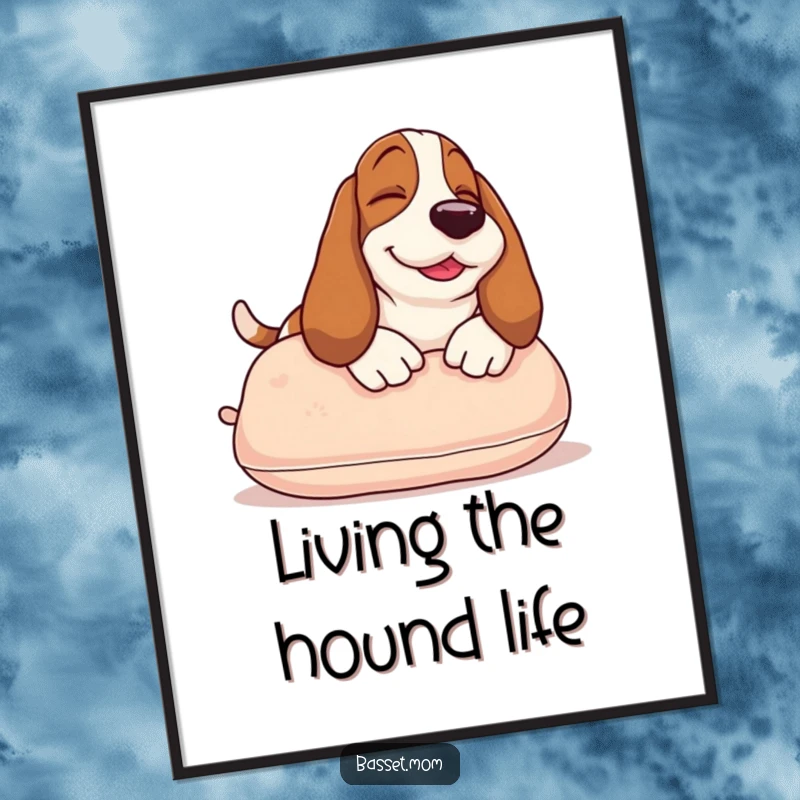 Funny Free Printable Wall Art: A contented Basset Hound lounging on a plush pillow, embodying ultimate relaxation and charm.