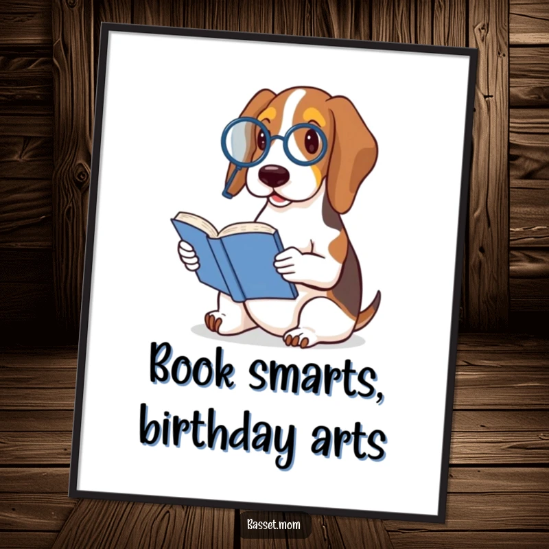 Funny Free Printable Wall Art: A dignified basset hound sporting a monocle, engrossed in reading a miniature, antique book.