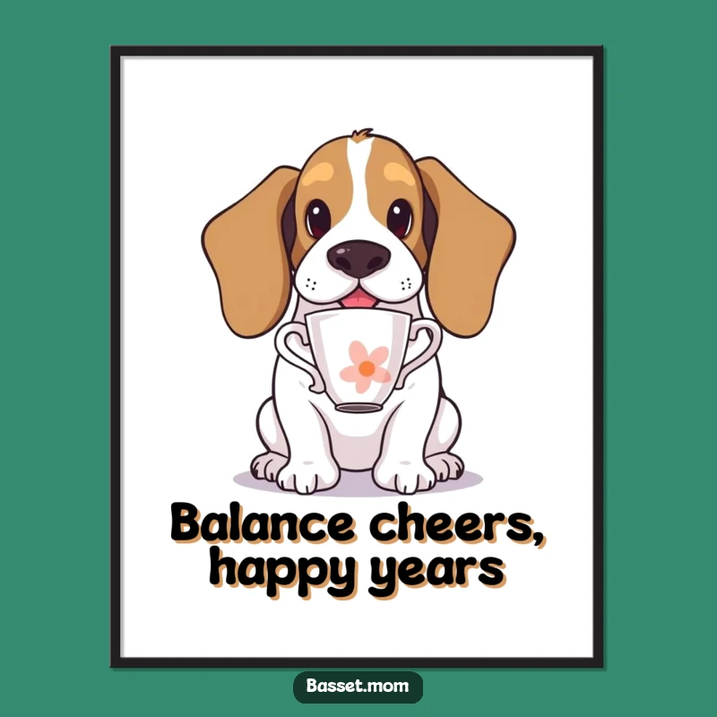 Free Printable Wall Art: Basset Hound Teacup Balance, Humorous Dog Art, Downloadable Decor