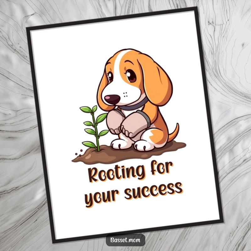 Funny Free Printable Wall Art: Basset Hound in gardening gloves, diligently planting a tiny green sprout in the earth.