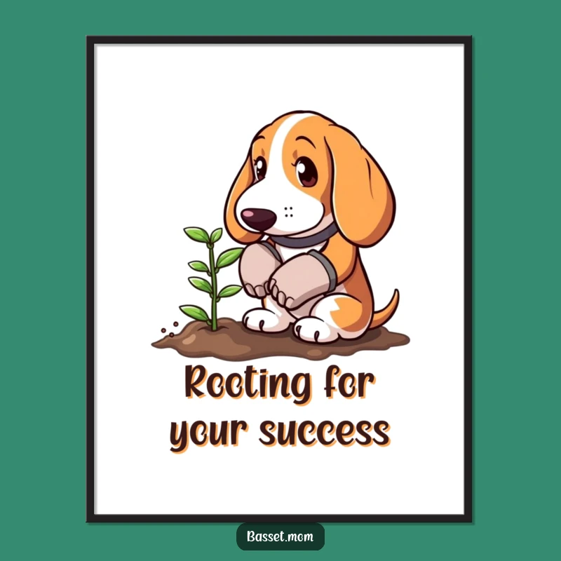 Free Printable Wall Art: Funny Basset Gardener Planting Sprout - Whimsical Decor