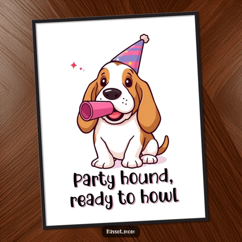 Funny Free Printable Wall Art: A Basset Hound in a party hat joyfully blowing a noisemaker, radiating celebration.