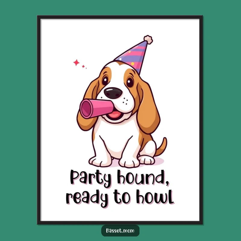 Free Printable Wall Art: Funny Party Basset Hound with Noisemaker Downloadable Decor