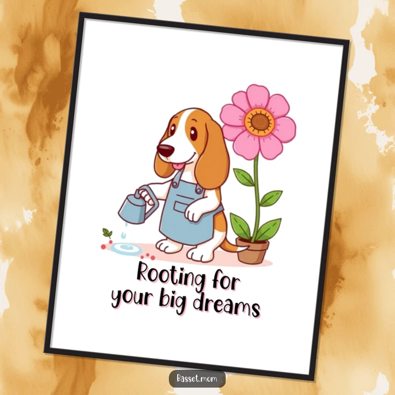 Funny Free Printable Wall Art: A Basset Hound wearing a gardening apron, watering a comically enormous, fully bloomed flower.