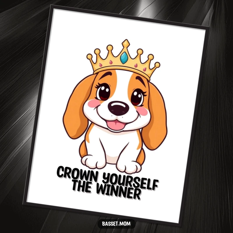 Funny Free Printable Wall Art: Basset Hound wearing a golden crown, posing regally with a proud, smiling expression.