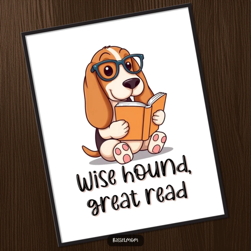 Funny Free Printable Wall Art: A Basset Hound elegantly wearing reading glasses while engrossed in a large, open book.