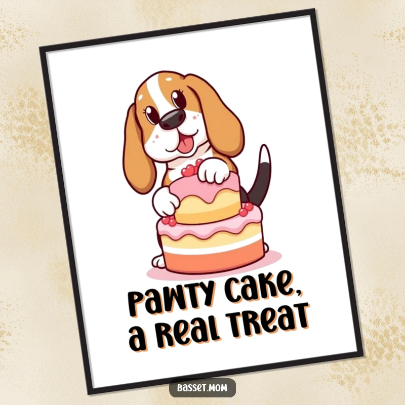 Funny Free Printable Wall Art: A Basset Hound humorously attempting to balance a birthday cake on its nose, tail wagging.