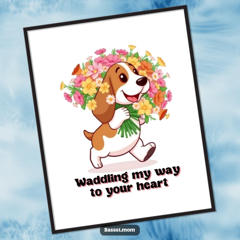 Funny free printable wall art depicting a happy Basset Hound waddling cheerfully, laden with an enormous and beautiful bouquet of flowers.