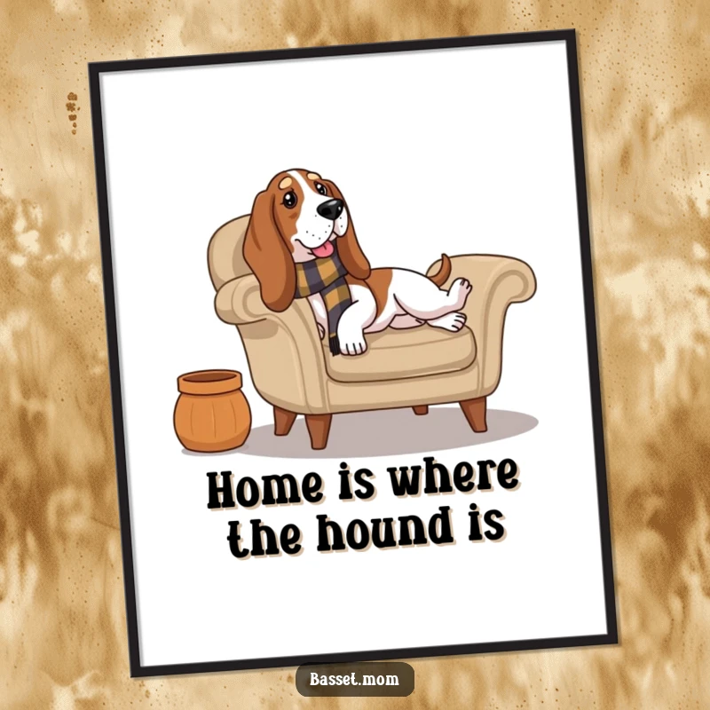 Funny Free Printable Wall Art: A Basset Hound wearing a scarf is perfectly relaxed, lounging cozily on a plush armchair.