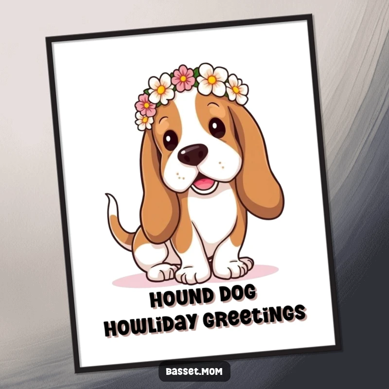 Funny Free Printable Wall Art: Basset Hound in flower crown, droopy ears, playfully wagging tail, happy expression.