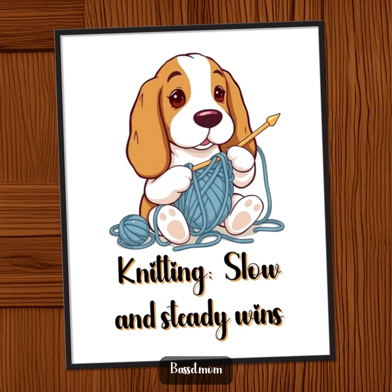 Funny Free Printable Wall Art: Basset Hound hilariously tangled in yarn, knitting gone wrong.