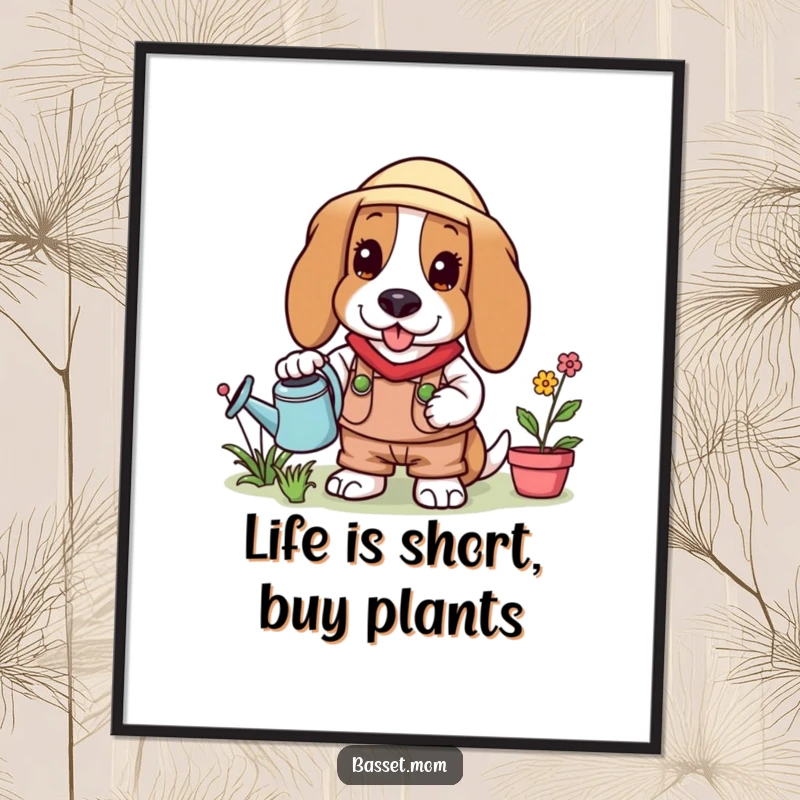 Funny Free Printable Wall Art: Basset Hound in gardening attire holding a watering can.