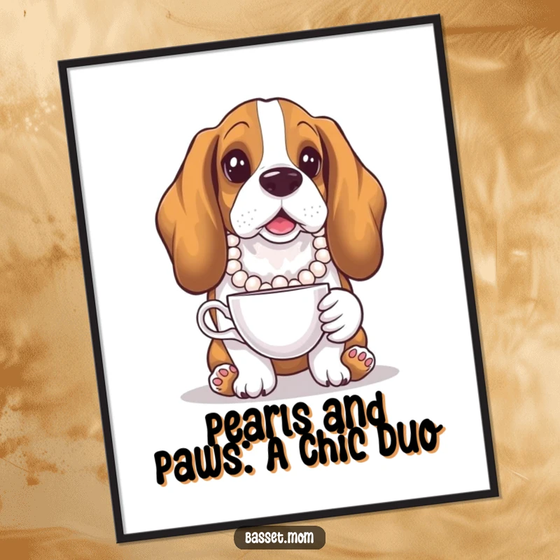 Funny Free Printable Wall Art: Basset Hound Flaunting Pearl Necklace and Teacup with Regal Amusemen