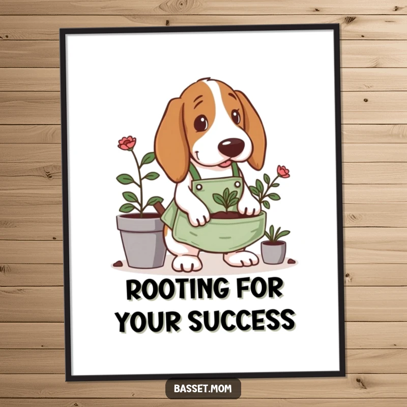 Funny Free Printable Wall Art: Basset Hound in a tiny gardening apron, digging enthusiastically in a planter.