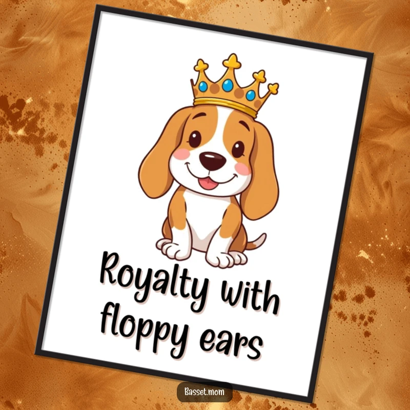 Funny Free Printable Wall Art: A Basset Hound wearing a crown poses regally with a smile, adding downloadable sophisticated humor.