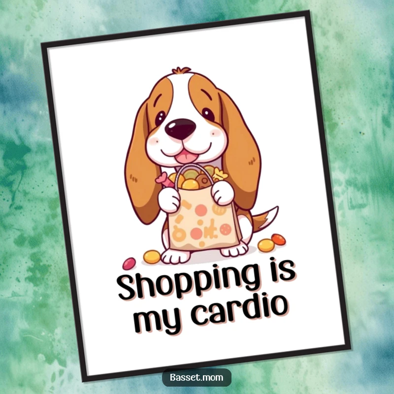 Funny Free Printable Wall Art: Basset Hound with a shopping bag overflowing with delicious treats.
