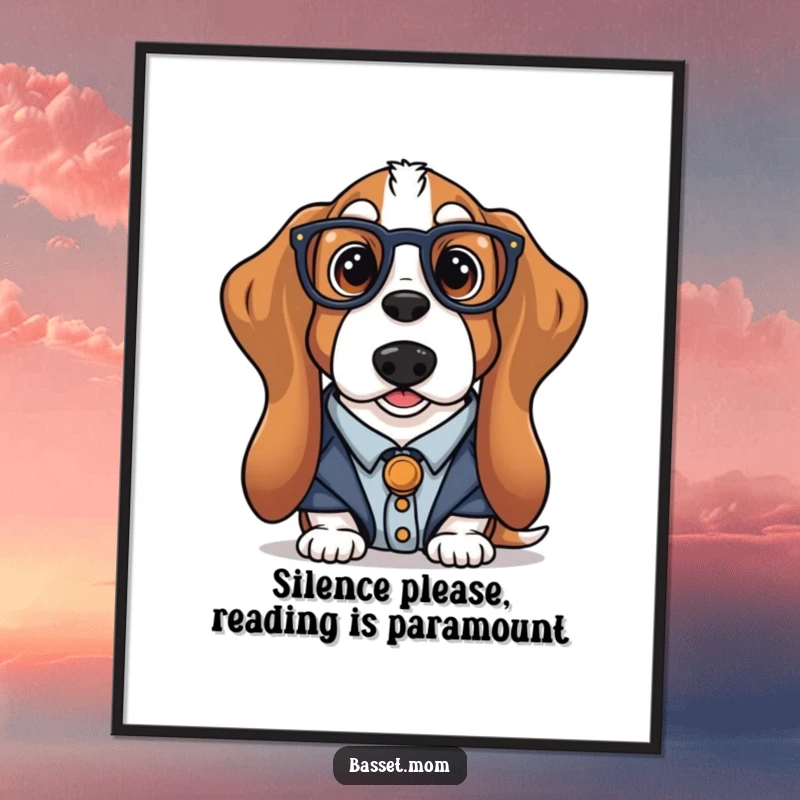 Funny Free Printable Wall Art: A Basset Hound dressed as a librarian, peering over spectacles, creating a studious atmosphere.