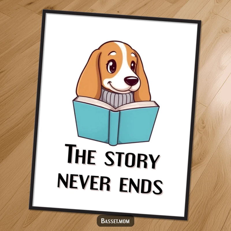 Funny Free Printable Wall Art: Basset hound in sweater, peeking from book, cozy literary downloadable art.