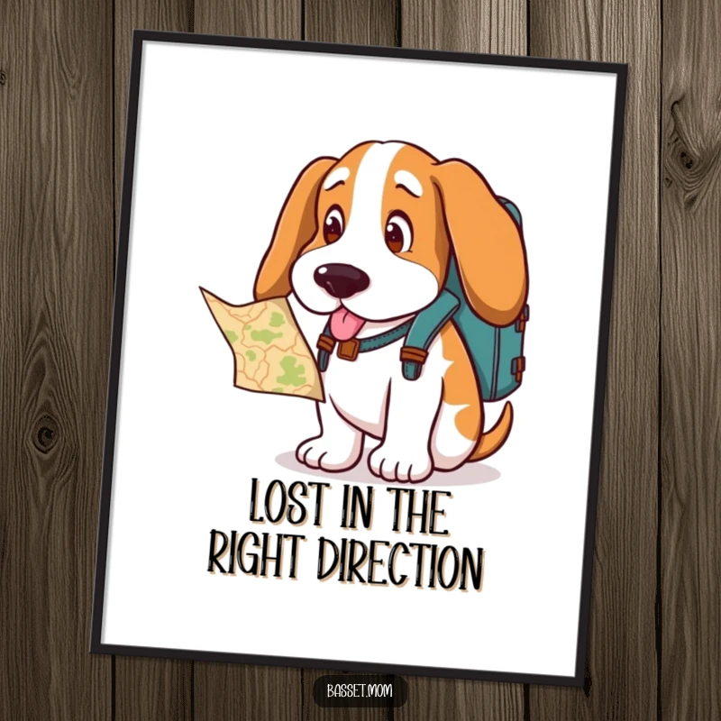 Funny Free Printable Wall Art: Basset hound with backpack, curiously looking at a map, adventurous downloadable art.