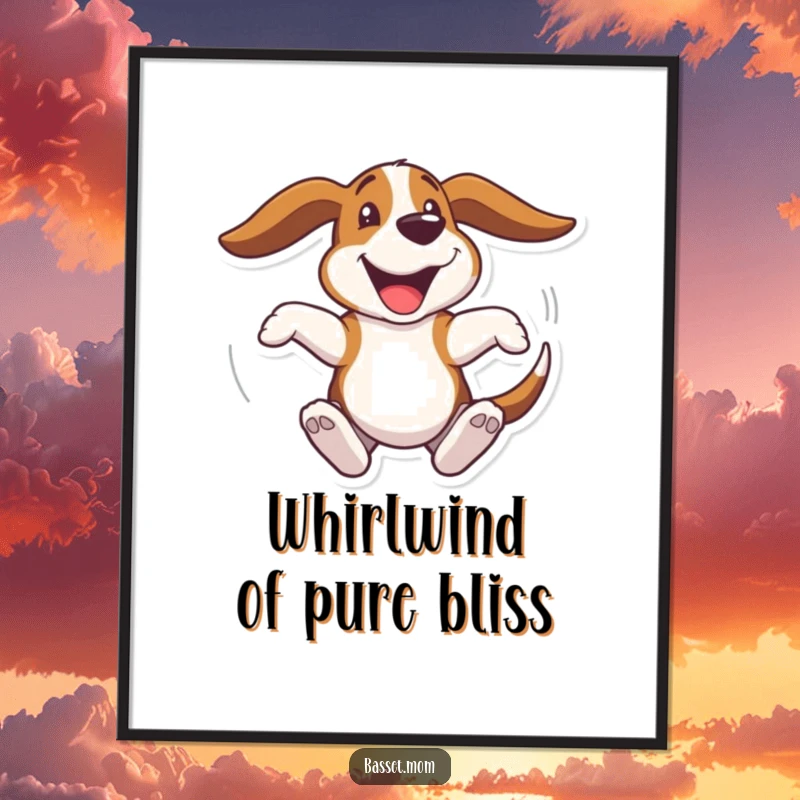 Funny Free Printable Wall Art: A Basset Hound with ears flapping wildly, spinning in a circle with unbridled joy.