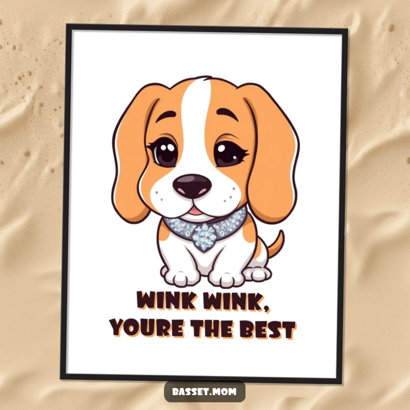 Funny Free Printable Wall Art: Basset Hound wearing a sparkly collar, giving a mischievous wink with a delightful personality.