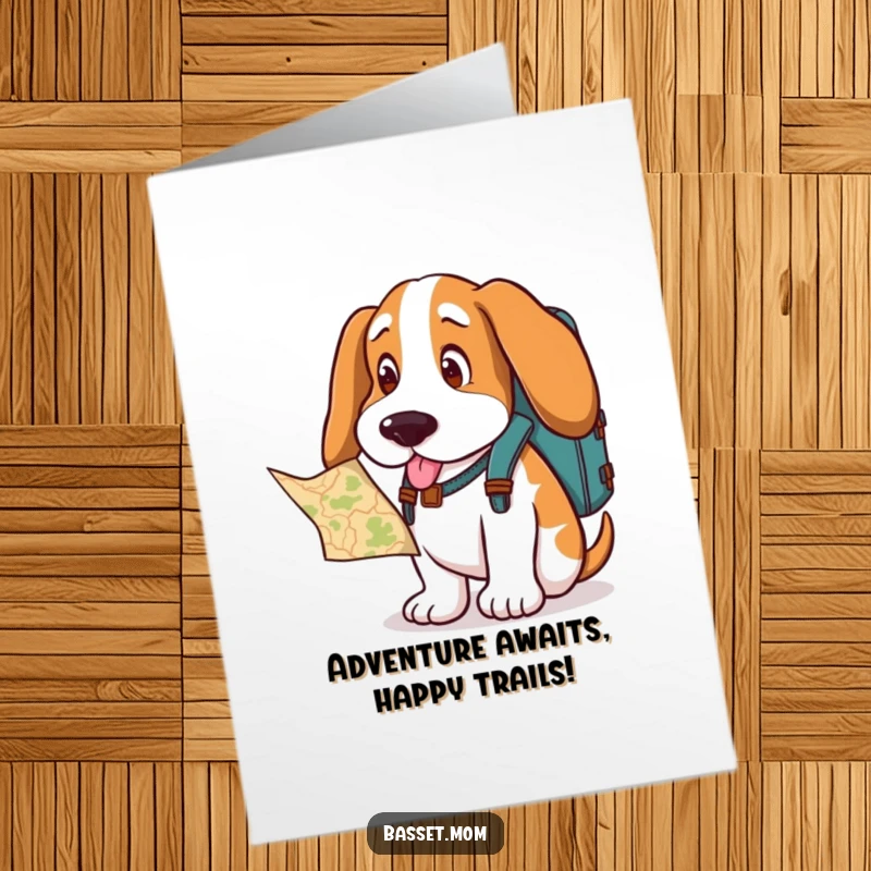 Funny Free Printable Birthday Card: Basset hound with backpack, curiously looking at a map, adventurous downloadable art.