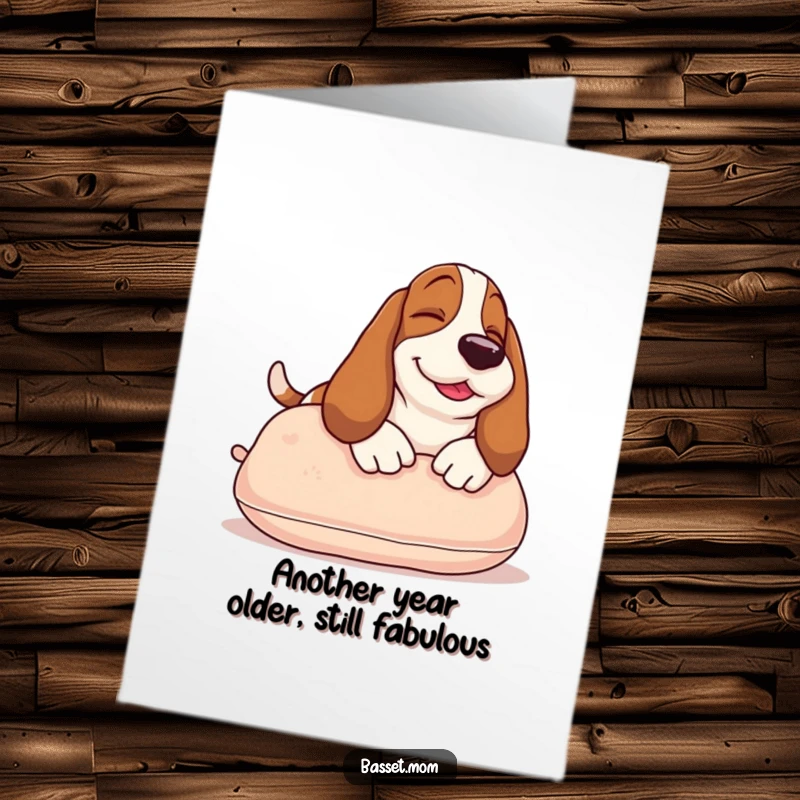 Funny Free Printable Birthday Card: Contented Basset Hound sunbathing on a pillow, radiating pure relaxation and joy.