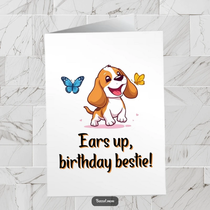 Funny Free Printable Birthday Card featuring a Basset Hound with droopy ears joyfully chasing a butterfly, making for a hilarious DIY gift.