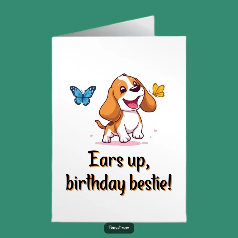 Free Printable Basset Hound Birthday Card: Funny Droopy Ear Pup Chasing Butterfly Downloadable Gift