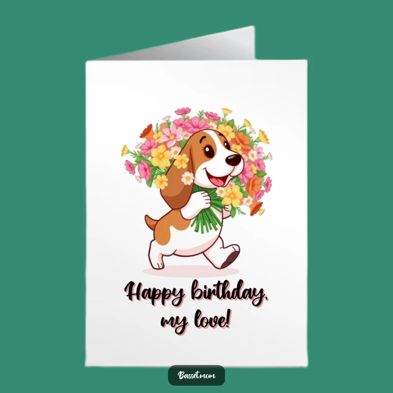 Free Printable Basset Hound Birthday Card: Blooming Happy Waddle Downloadable
