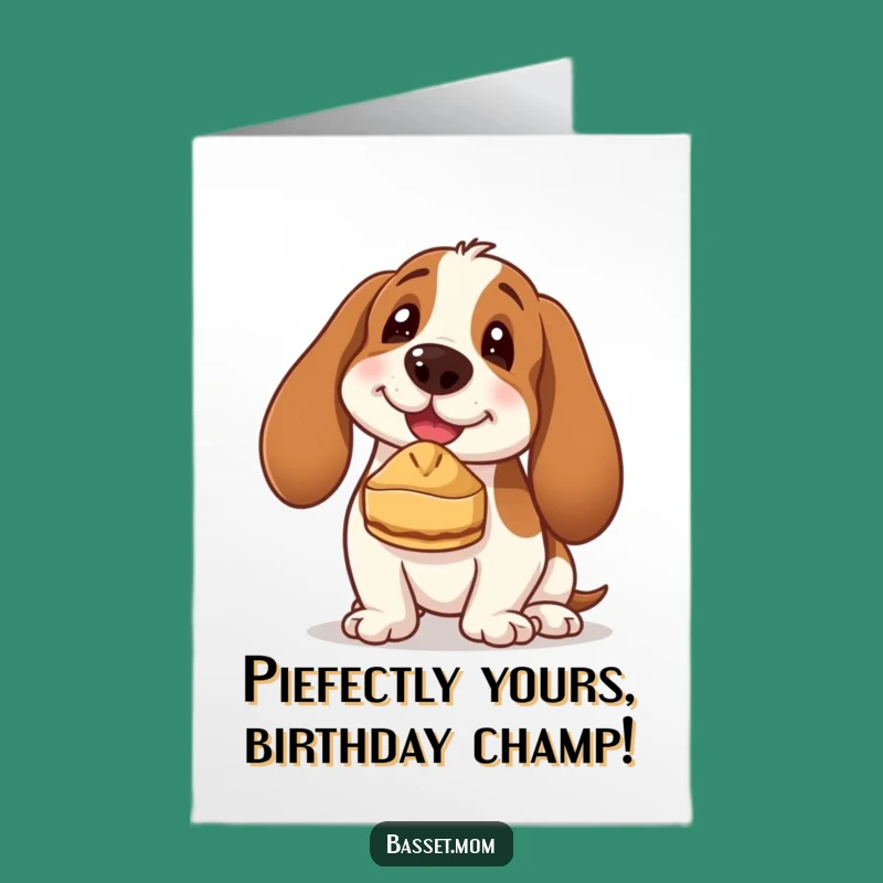 Free Printable Basset Hound Birthday Card: Funny Dog Balancing Pie Downloadable Gift