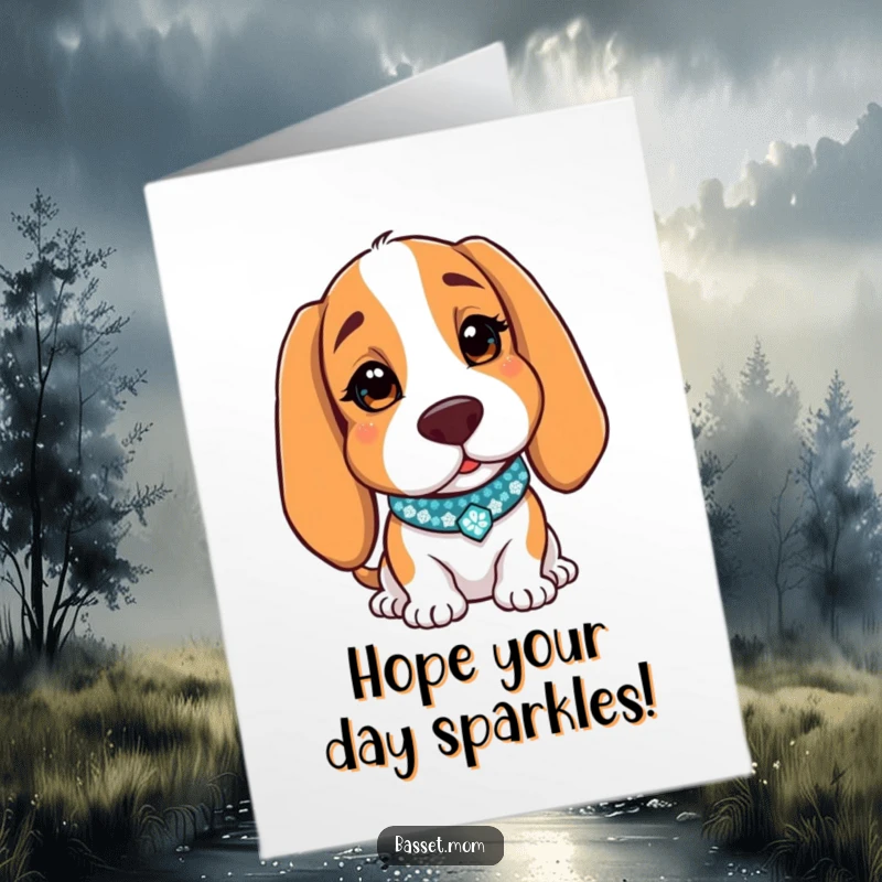 Funny Free Printable Birthday Card: A Basset Hound with a sparkly collar winks charmingly, sending birthday wishes with humor.