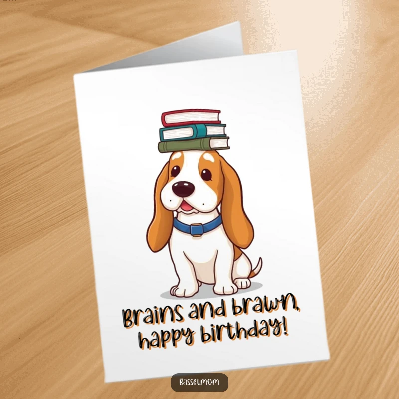 Funny Free Printable Birthday Card featuring a Basset Hound balancing books on its head with elegant concentration.