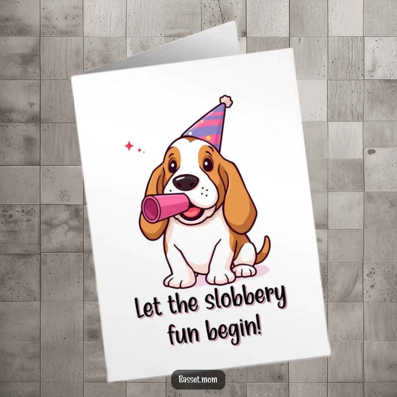 Funny Free Printable Birthday Card: Basset Hound in a party hat blowing a noisemaker, celebrating a birthday with glee.