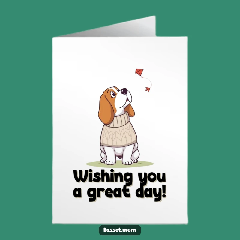 Free Printable Funny Basset Hound Birthday Card: Sweater Pup & Kite Downloadable Gift
