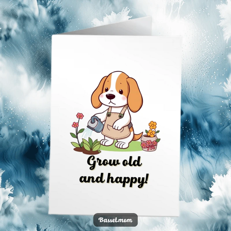 Funny Free Printable Birthday Card: Basset Hound in gardening apron watering a flower, playful gardener dog.