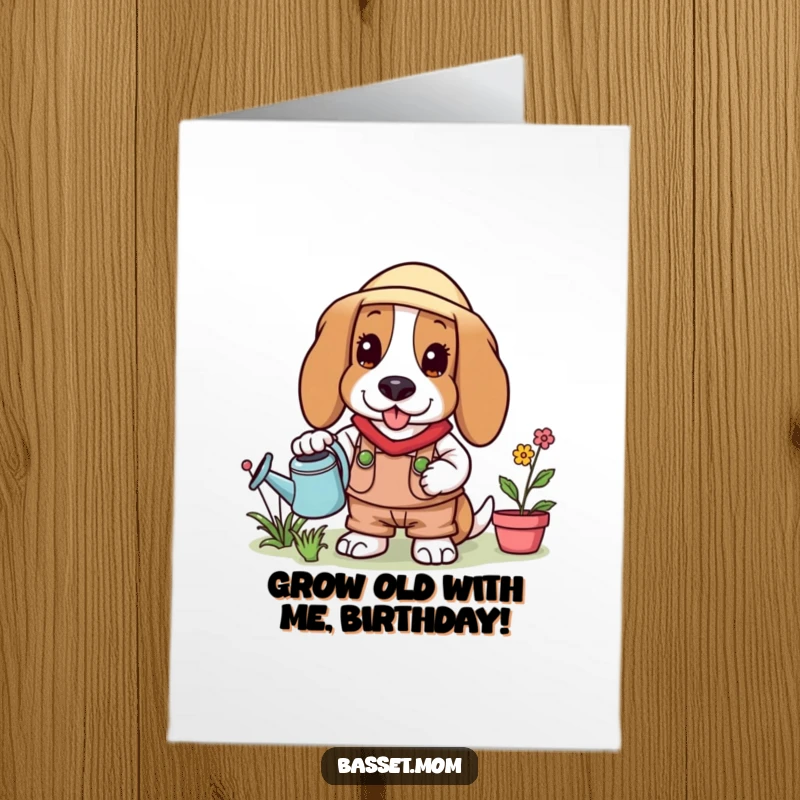 Funny Free Printable Birthday Card: Basset Hound in gardening gear watering flowers.