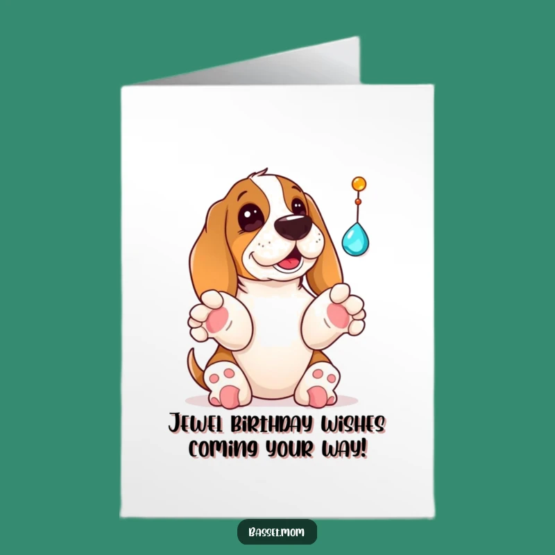 Free Printable Basset Hound Birthday Card: Playful Dog Jewel Batting Downloadable