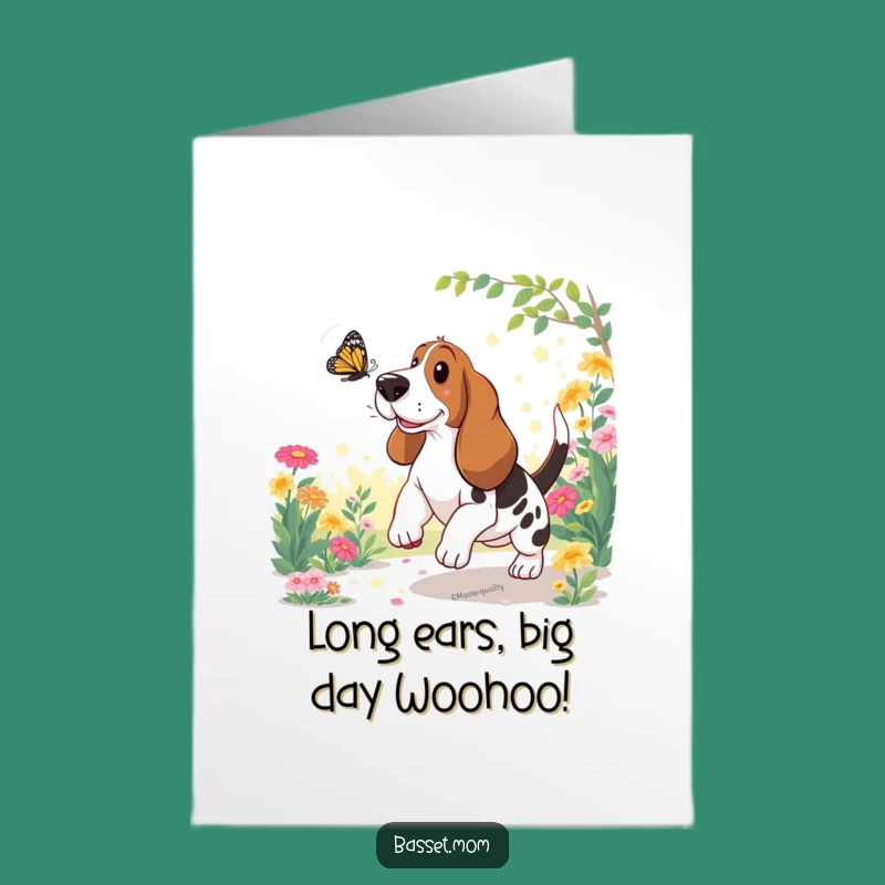 Free Printable Birthday Card: Funny Basset Hound Chasing Butterfly, Downloadable Fun!