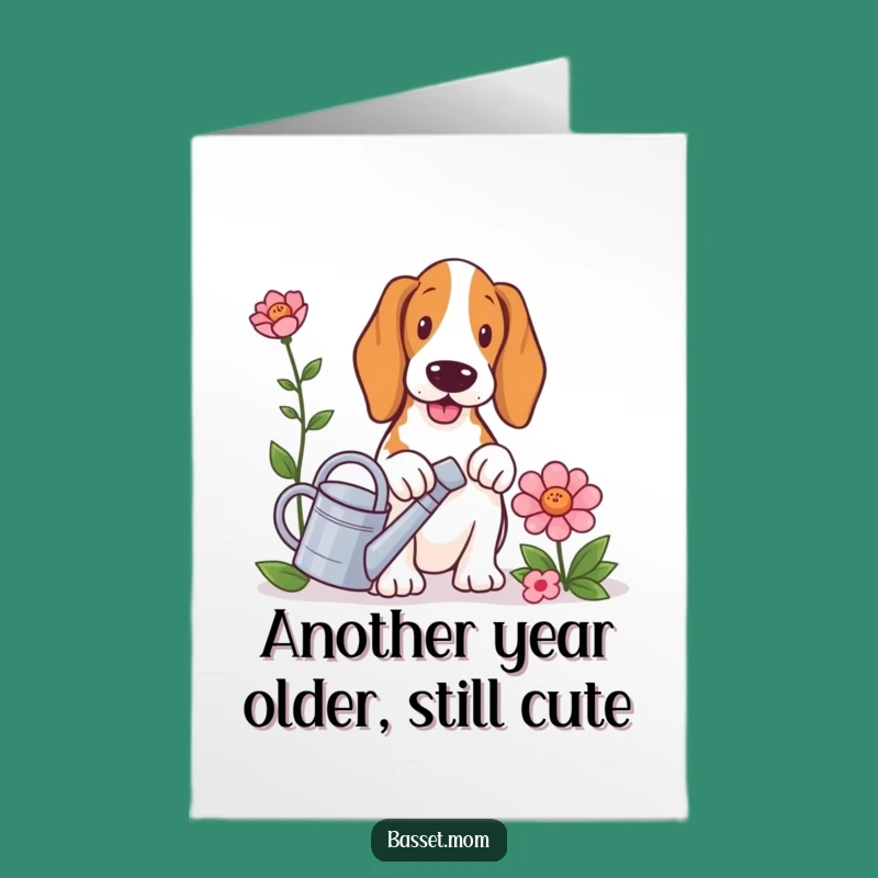 Sweet Free Printable Birthday Card: Basset Hound Gardener - Downloadable Bloom-tastic Wishes!