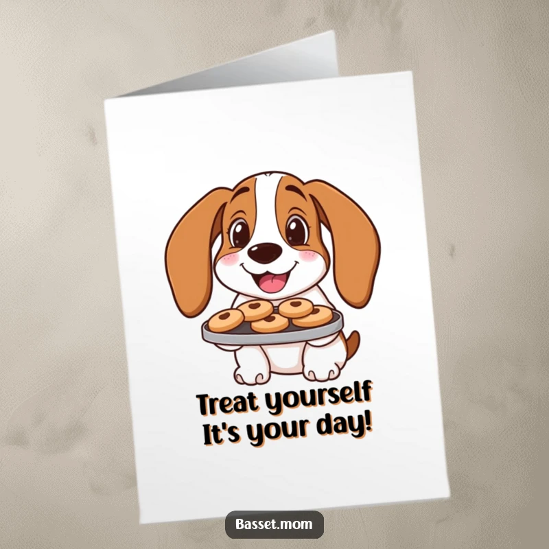 Funny Free Printable Birthday Card: A Basset Hound smiles warmly while holding a tray full of tempting cookies.