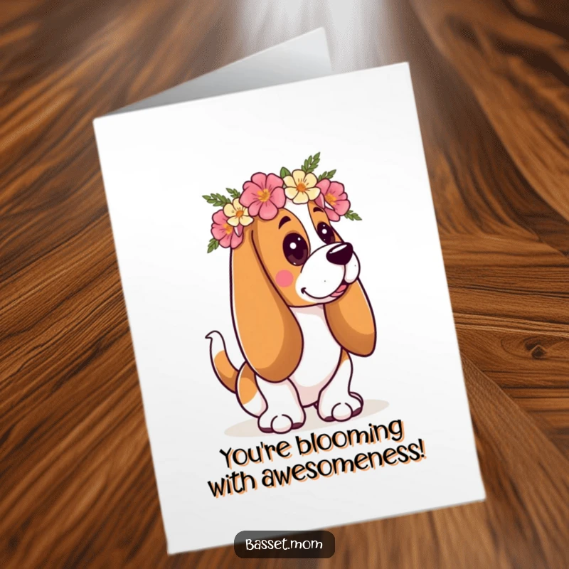 Funny Free Printable Birthday Card: Basset Hound with a floral crown wagging its tail, cheerful dog design.