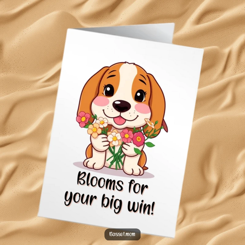 Funny Free Printable Congratulations Card: A Basset Hound with flushed cheeks, presenting a lovely bouquet of flowers.