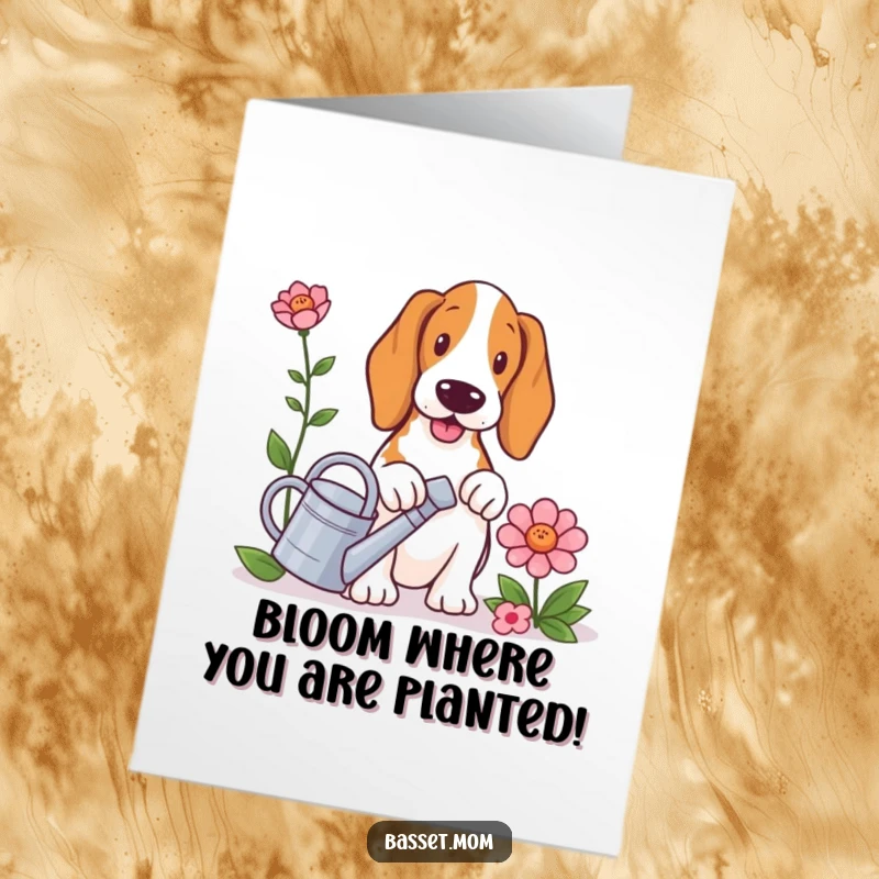 Funny Free Printable Congratulations Card: Basset hound with tiny watering can, nurturing a large flower, sweet downloadable greeting.
