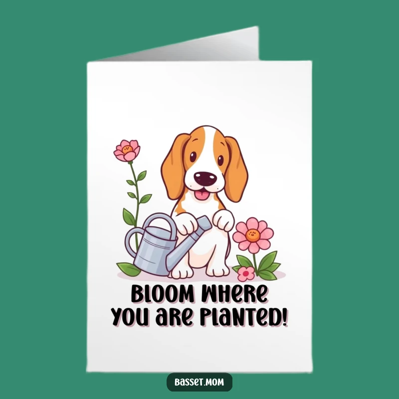 Charming Free Printable Congrats Card: Basset Hound Gardener - Downloadable Success Bloom