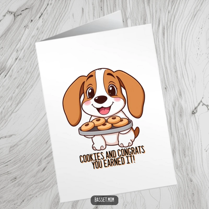 Funny Free Printable Congrats Card: A smiling Basset Hound presents a tray laden with delicious cookies.