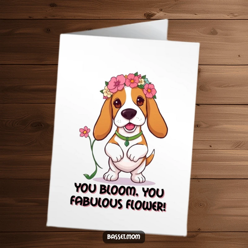 Funny Free Printable Congratulations Card: A Basset Hound in a floral headband prances joyfully with a flower, celebrating success.