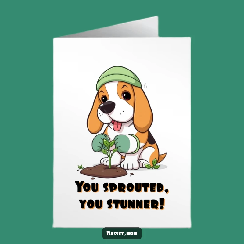 Free Printable Basset Hound Gardener Congrats Card: Sprout Planting Success, Funny Downloadable Surprise