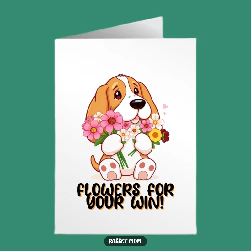 Free Printable Congrats Card: Flower-Holding Basset Hound - Cheerful Downloadable!